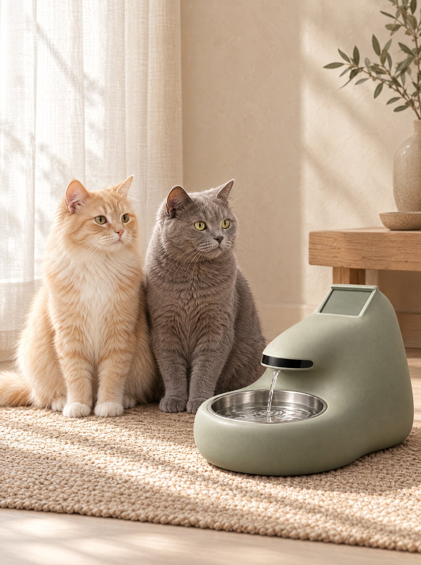 고양이 두 마리가 세이지 색 펫사인 급수기 옆에 나란히 앉아 있는 모습